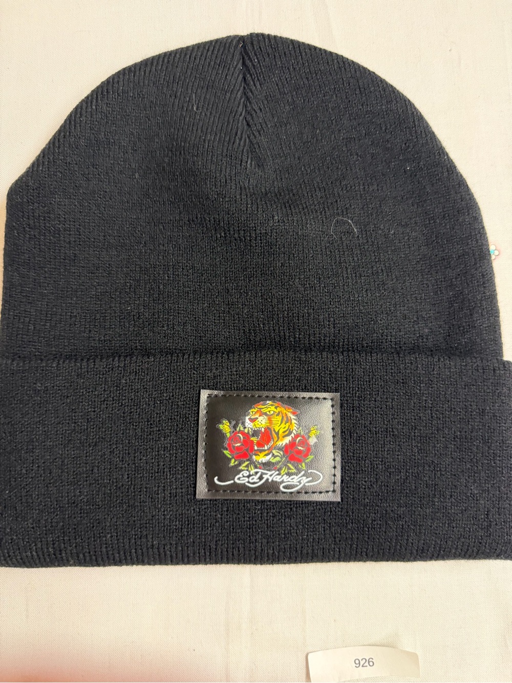 Ed Hardy Black Beanie with Tiger & Rose Patch